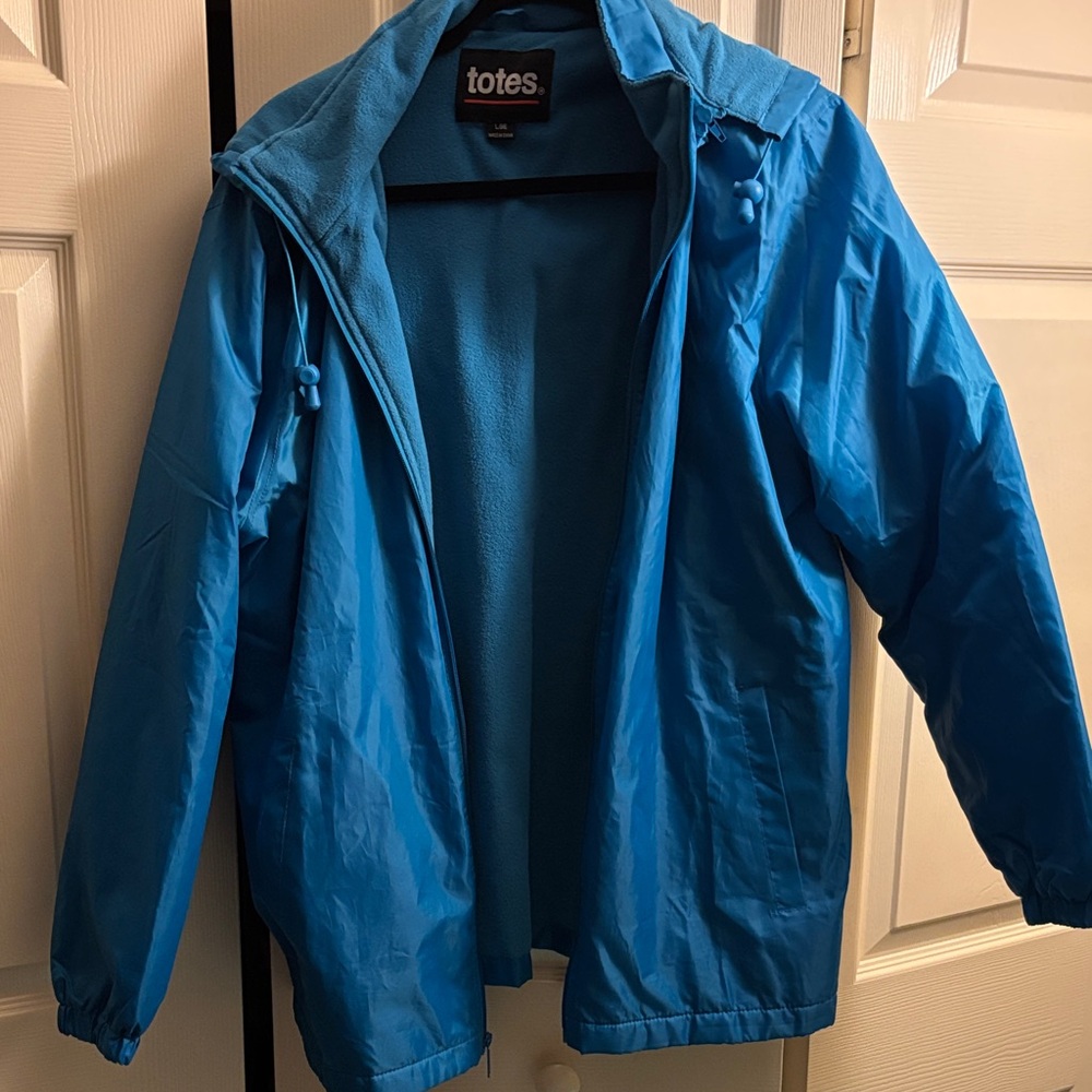 Totes Blue Hooded Rain Jacket Fleece Lined Windbreaker Size Large L